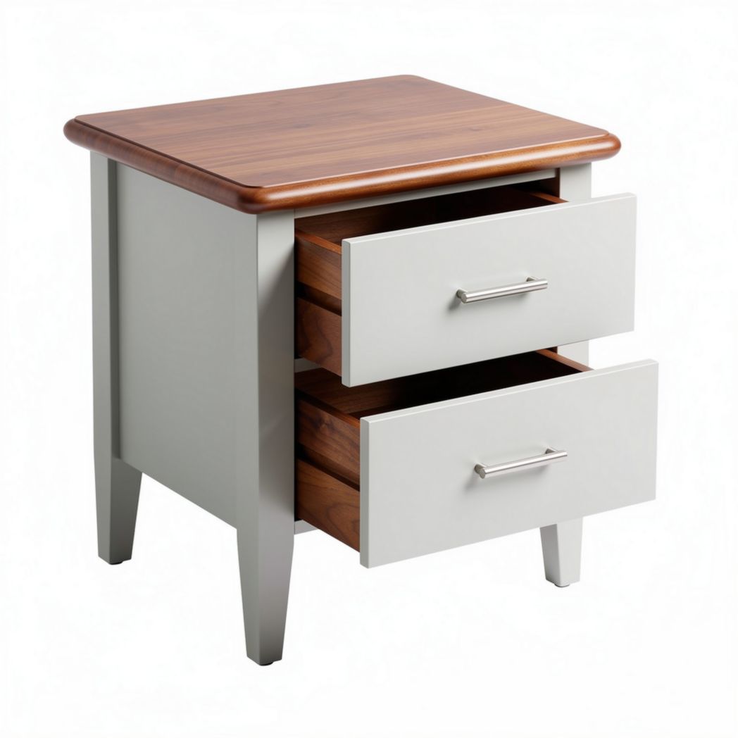 Table de chevet en bois avec deux tiroirs couleur blanche et piètement en chêne 45 x 40 x 50cm