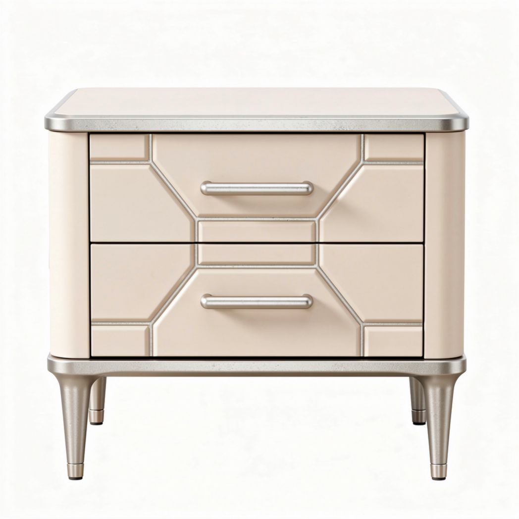 Table de chevet en bois avec deux tiroirs couleur beige et finitions argentées 45 x 40 x 35cm