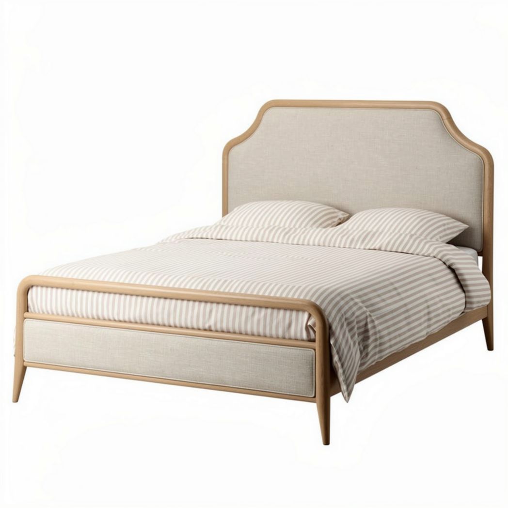 Lit en bois avec tête de lit en tissu beige 190 x 150 x 100cm
