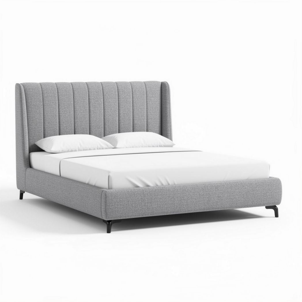 Lit double en tissu gris avec tête de lit capitonnée dimensions 200 x 160 x 100cm