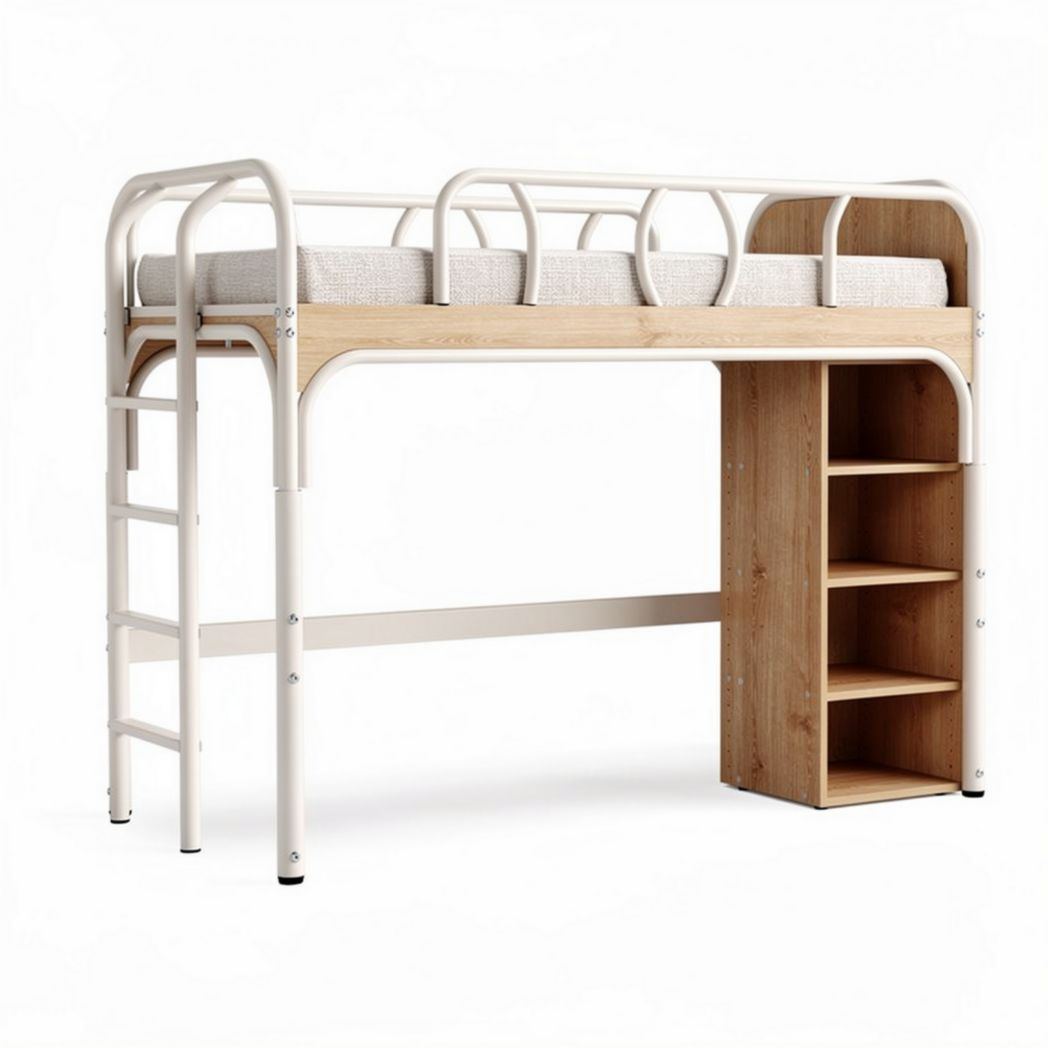 Lit mezzanine en métal blanc avec échelle et rangement en bois 190 x 90 x 170cm